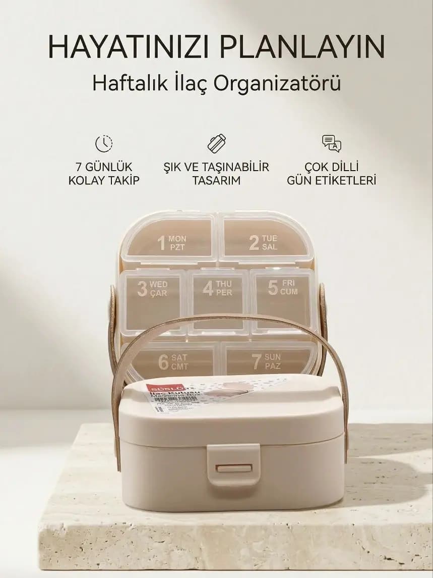 7 Günlük Haftalık İlaç Kutusu - Kapaklı Bölmeli Hap Organizeri - Taşınabilir İlaç Saklama Kutusu